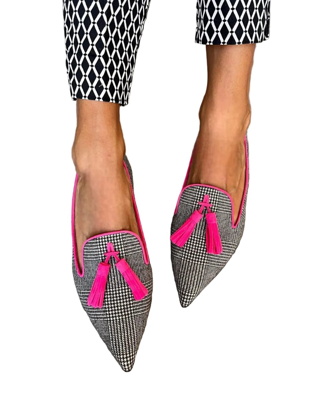 Loafers Women Pointed Toe Slip-On Tassel Houndstooth - Evergreen Outfits- Women Loafers