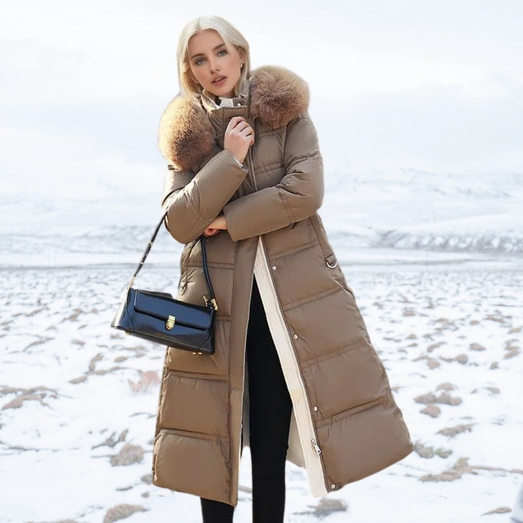 Women Puffer Jacket | Longline Fit with Fur-Trimmed Hood