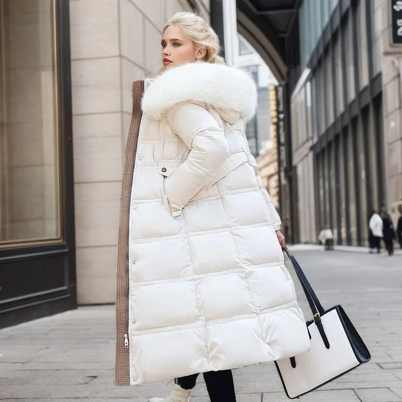 Women Puffer Jacket | Longline Fit with Fur-Trimmed Hood
