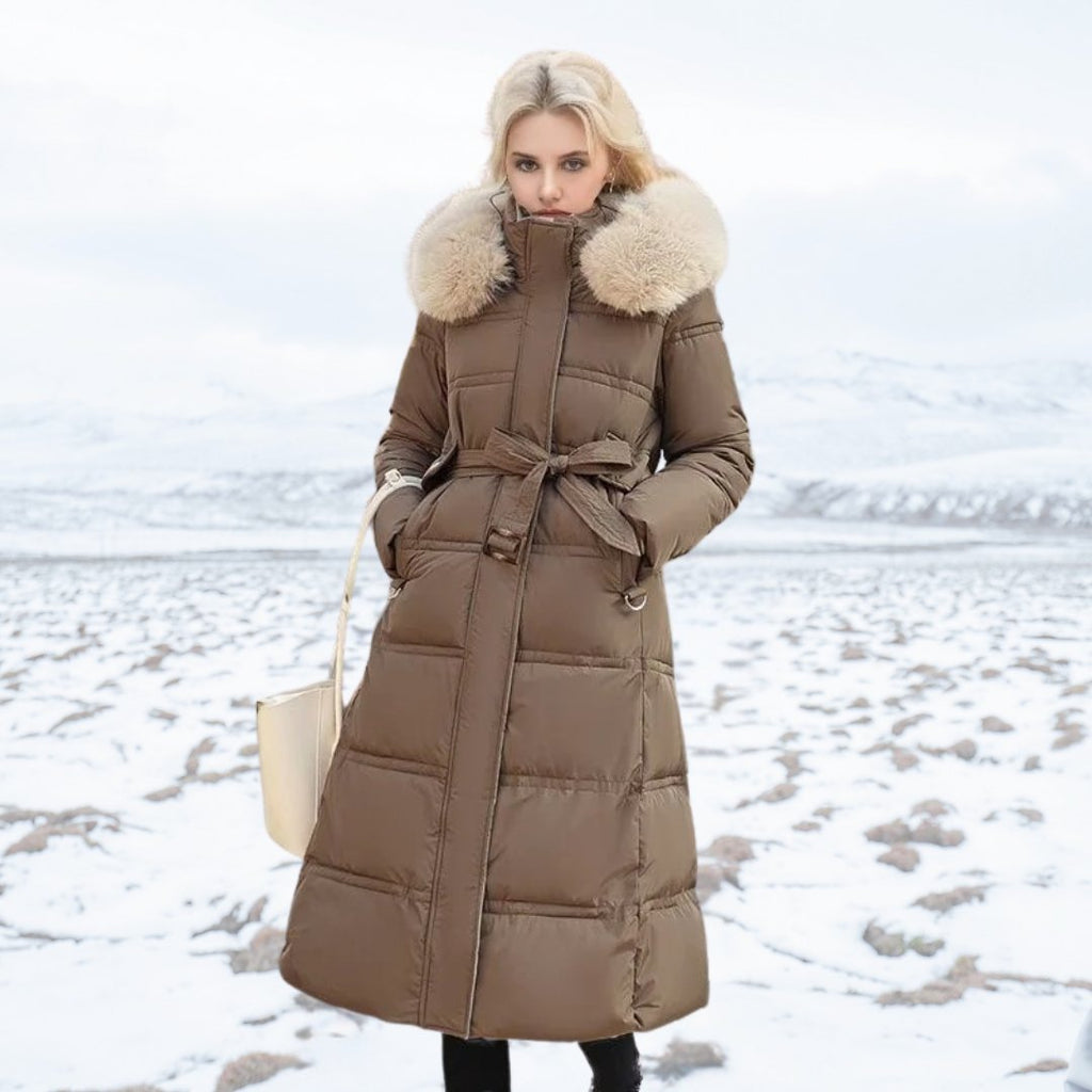 Women Puffer Jacket | Longline Fit with Fur-Trimmed Hood