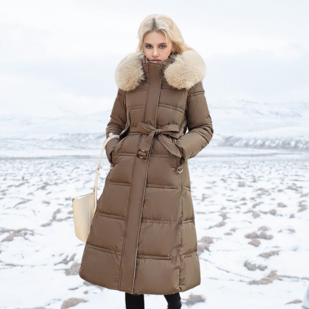 Women Puffer Jacket | Longline Fit with Fur-Trimmed Hood