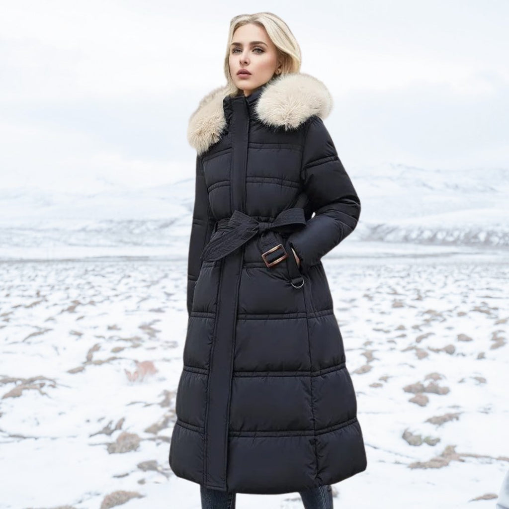 Women Puffer Jacket | Longline Fit with Fur-Trimmed Hood