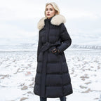 Women Puffer Jacket | Longline Fit with Fur-Trimmed Hood