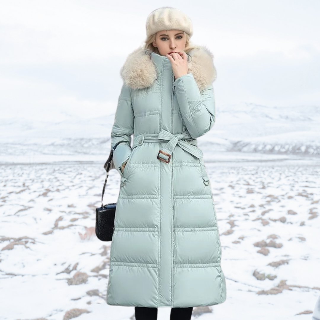 Women Puffer Jacket | Longline Fit with Fur-Trimmed Hood