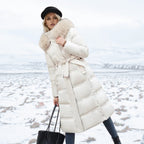 Women Puffer Jacket | Longline Fit with Fur-Trimmed Hood
