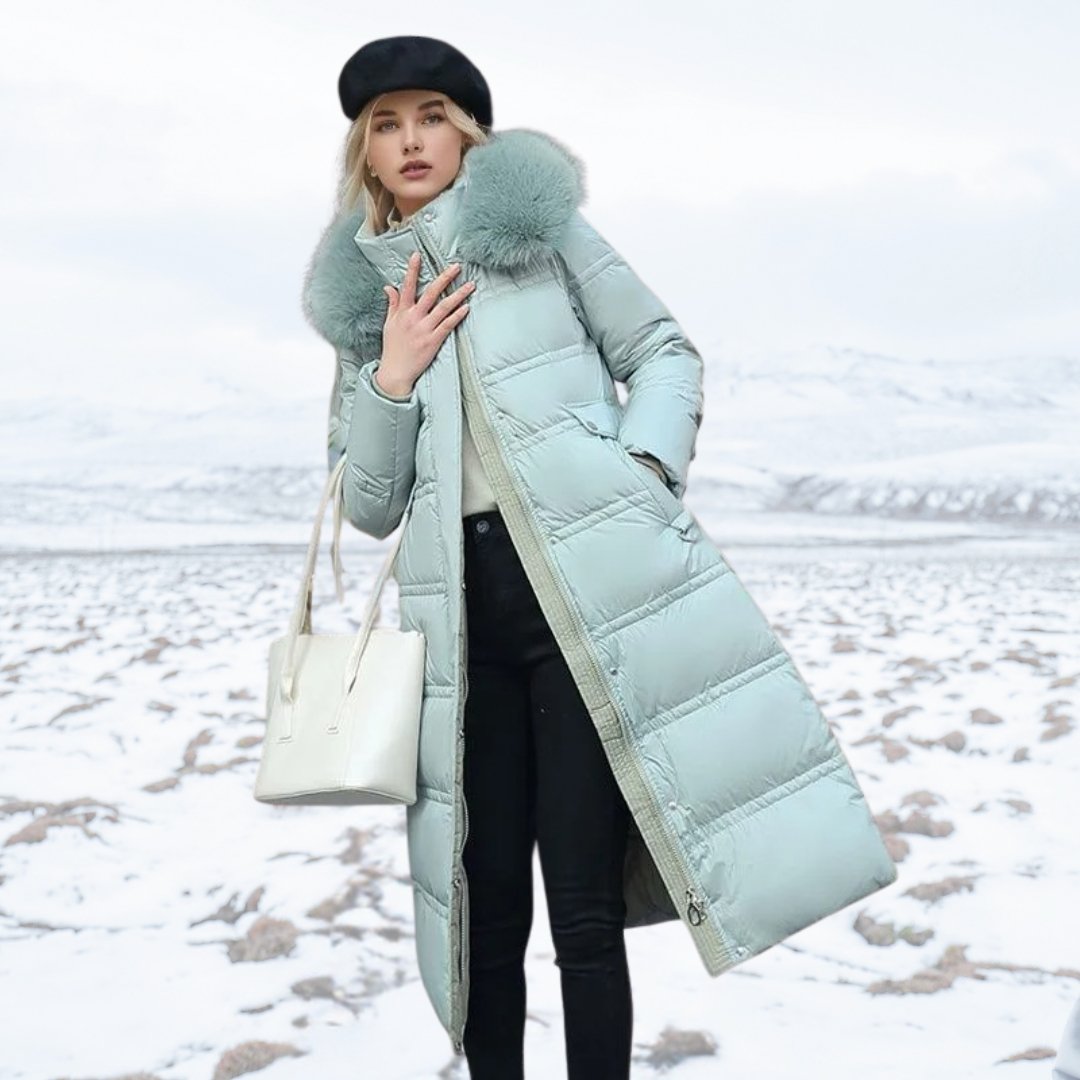 Women Puffer Jacket | Longline Fit with Fur-Trimmed Hood