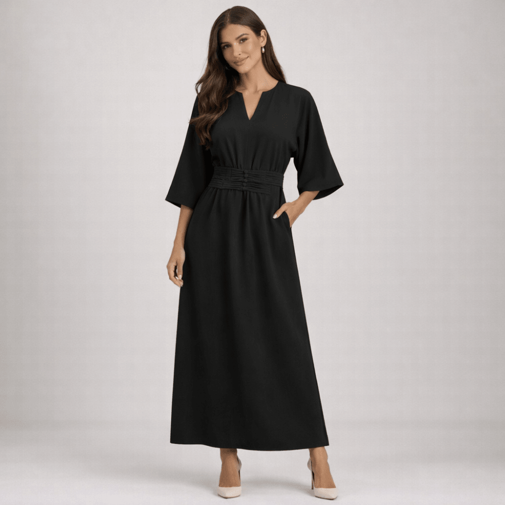 Maxi Dress Women Belted Waist With Bell Shaped Sleeves - Evergreen Outfits - Women Maxi Dress