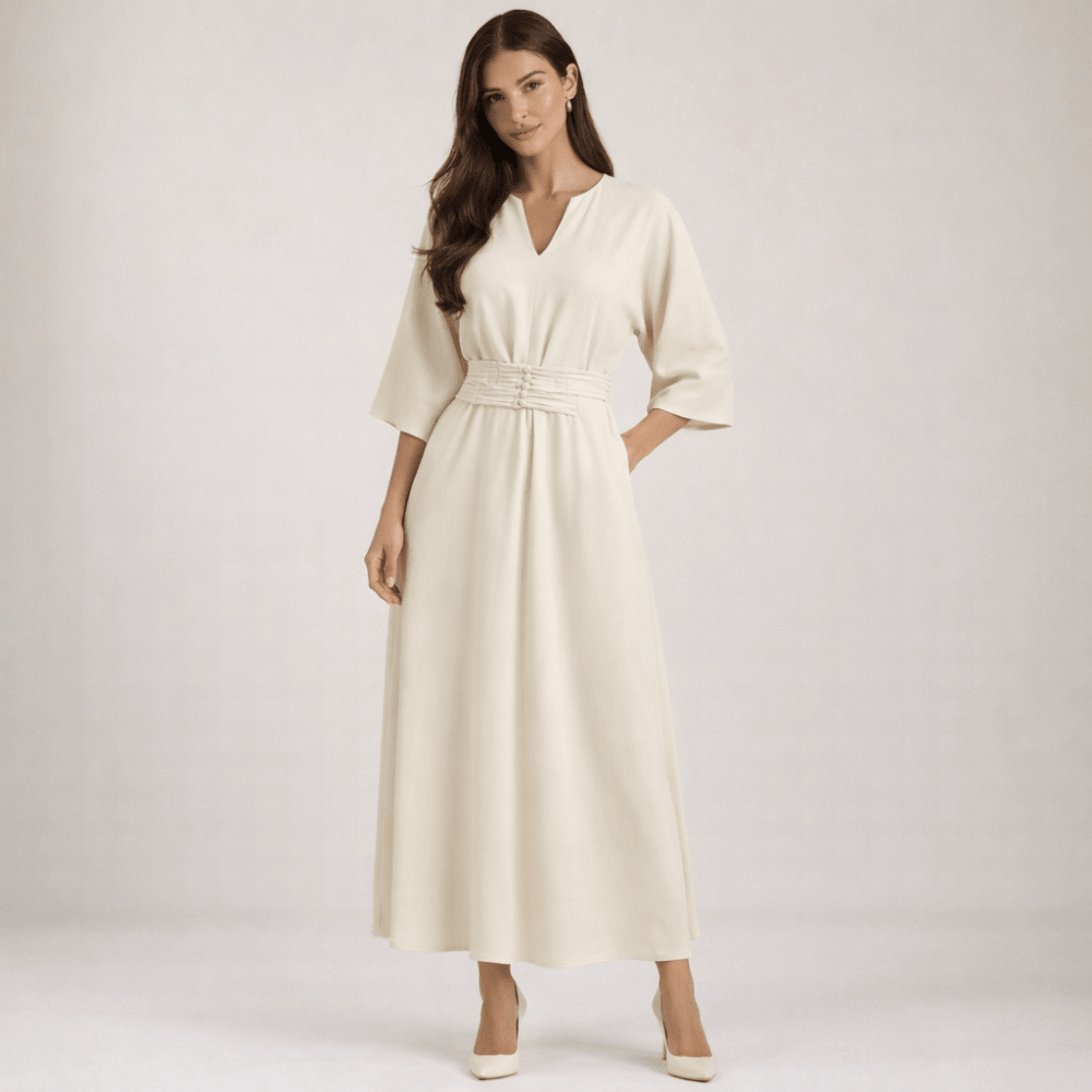 Maxi Dress Women Belted Waist With Bell Shaped Sleeves - Evergreen Outfits - Women Maxi Dress