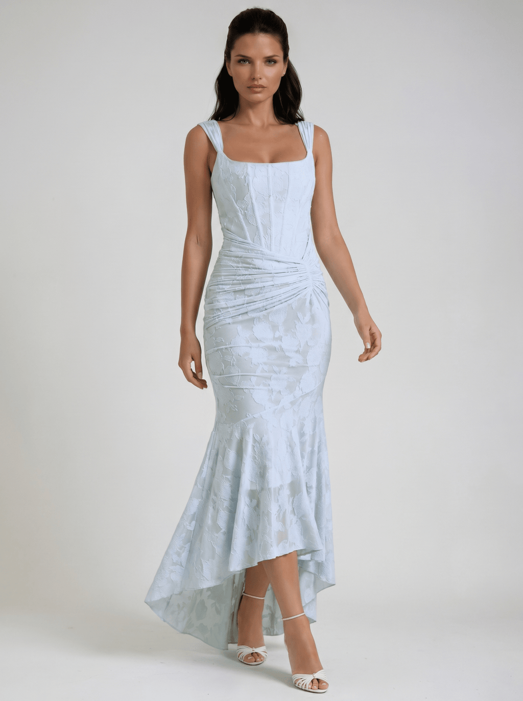 Maxi Dress Women Fitted Bodice Ruched Waist High Low Hem - Evergreen Outfits - Women Maxi Dress
