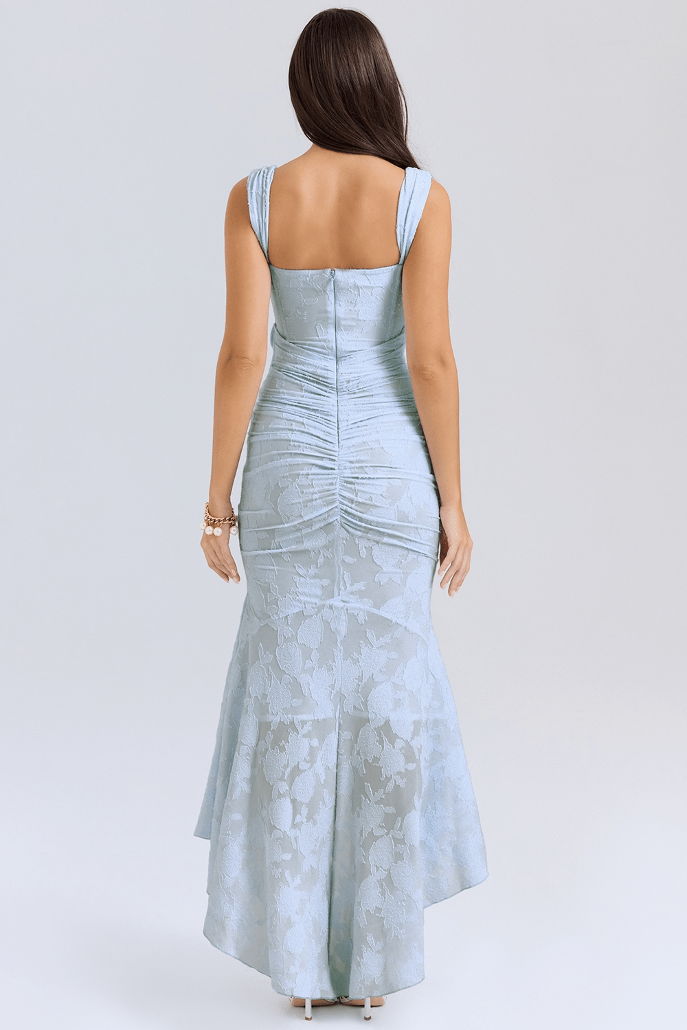 Maxi Dress Women Fitted Bodice Ruched Waist High Low Hem - Evergreen Outfits - Women Maxi Dress