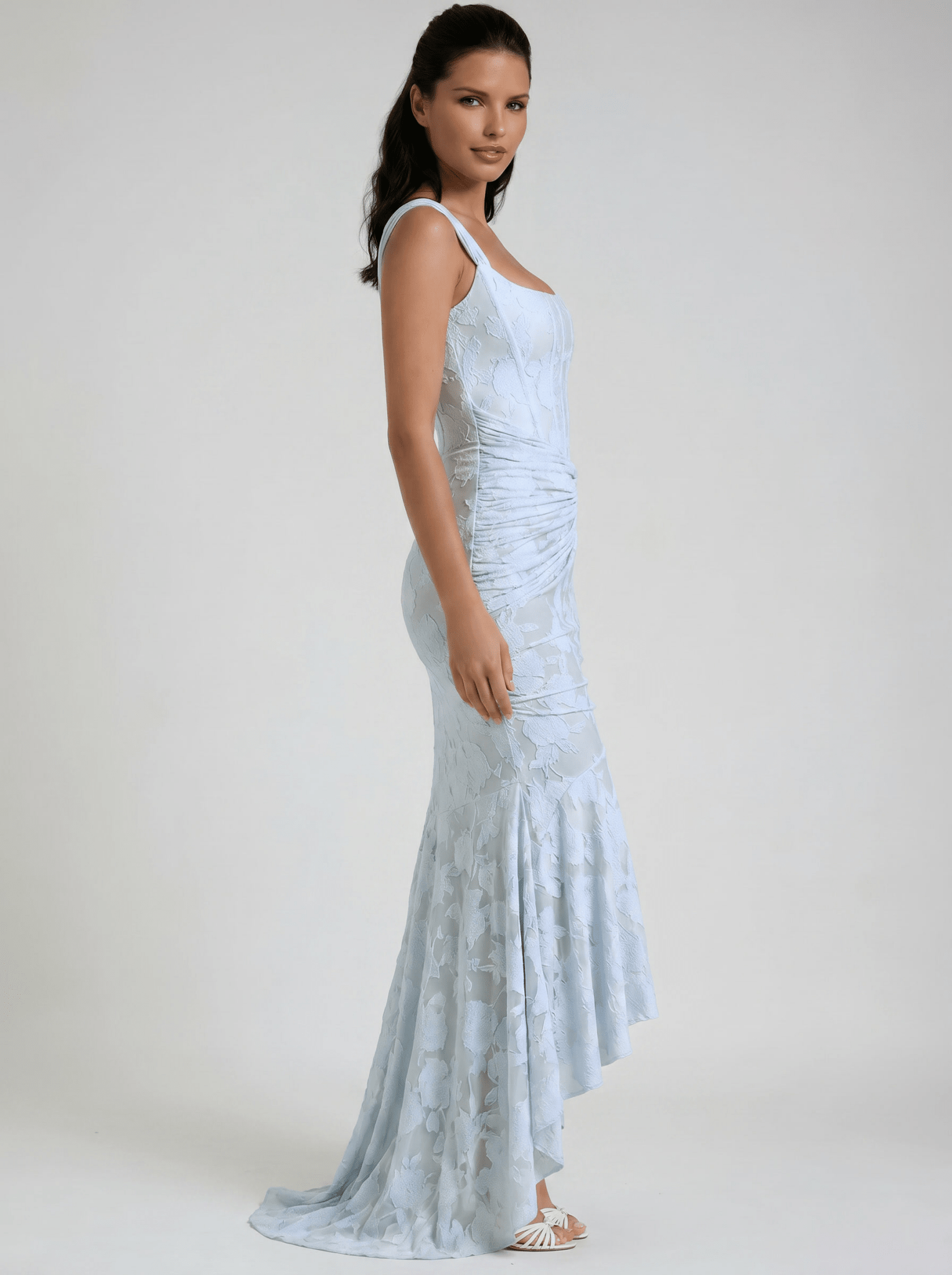 Maxi Dress Women Fitted Bodice Ruched Waist High Low Hem - Evergreen Outfits - Women Maxi Dress