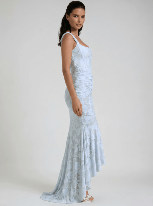 Maxi Dress Women Fitted Bodice Ruched Waist High Low Hem - Evergreen Outfits - Women Maxi Dress