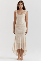 Maxi Dress Women Fitted Bodice Ruched Waist High Low Hem - Evergreen Outfits - Women Maxi Dress