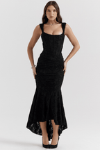 Maxi Dress Women Fitted Bodice Ruched Waist High Low Hem - Evergreen Outfits - Women Maxi Dress