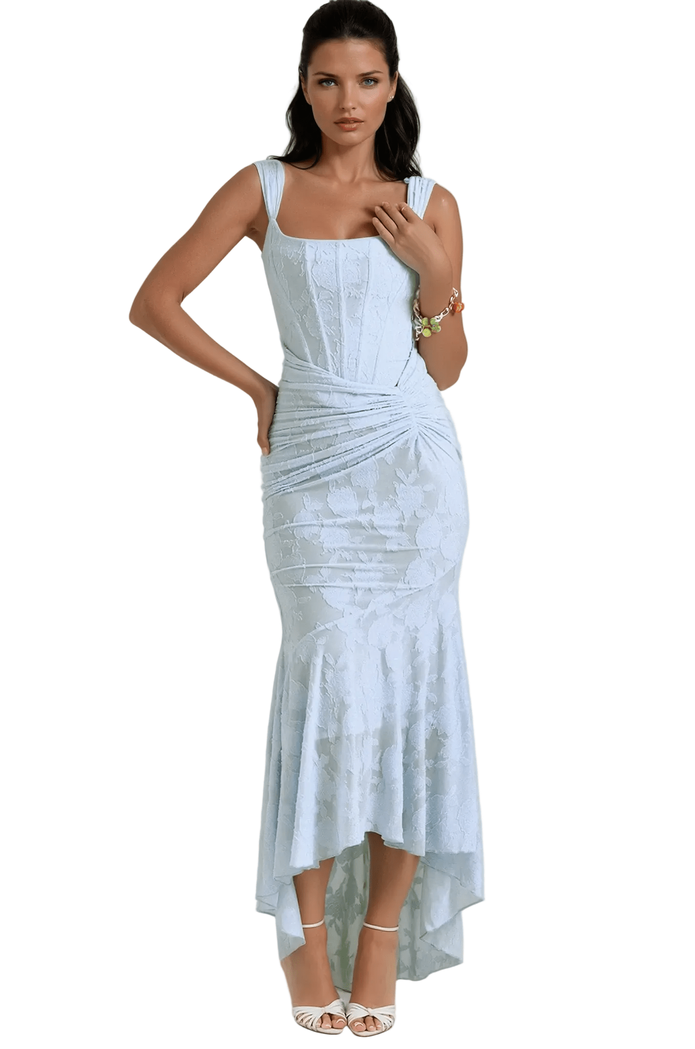 Maxi Dress Women Fitted Bodice Ruched Waist High Low Hem - Evergreen Outfits - Women Maxi Dress