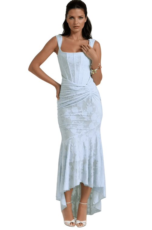 Maxi Dress Women Fitted Bodice Ruched Waist High Low Hem - Evergreen Outfits - Women Maxi Dress