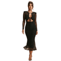 Maxi Dress Women Glitter Long Sleeve Front Cutout Design - Evergreen Outfits- Women Maxi Dress