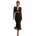 Maxi Dress Women Glitter Long Sleeve Front Cutout Design - Evergreen Outfits- Women Maxi Dress