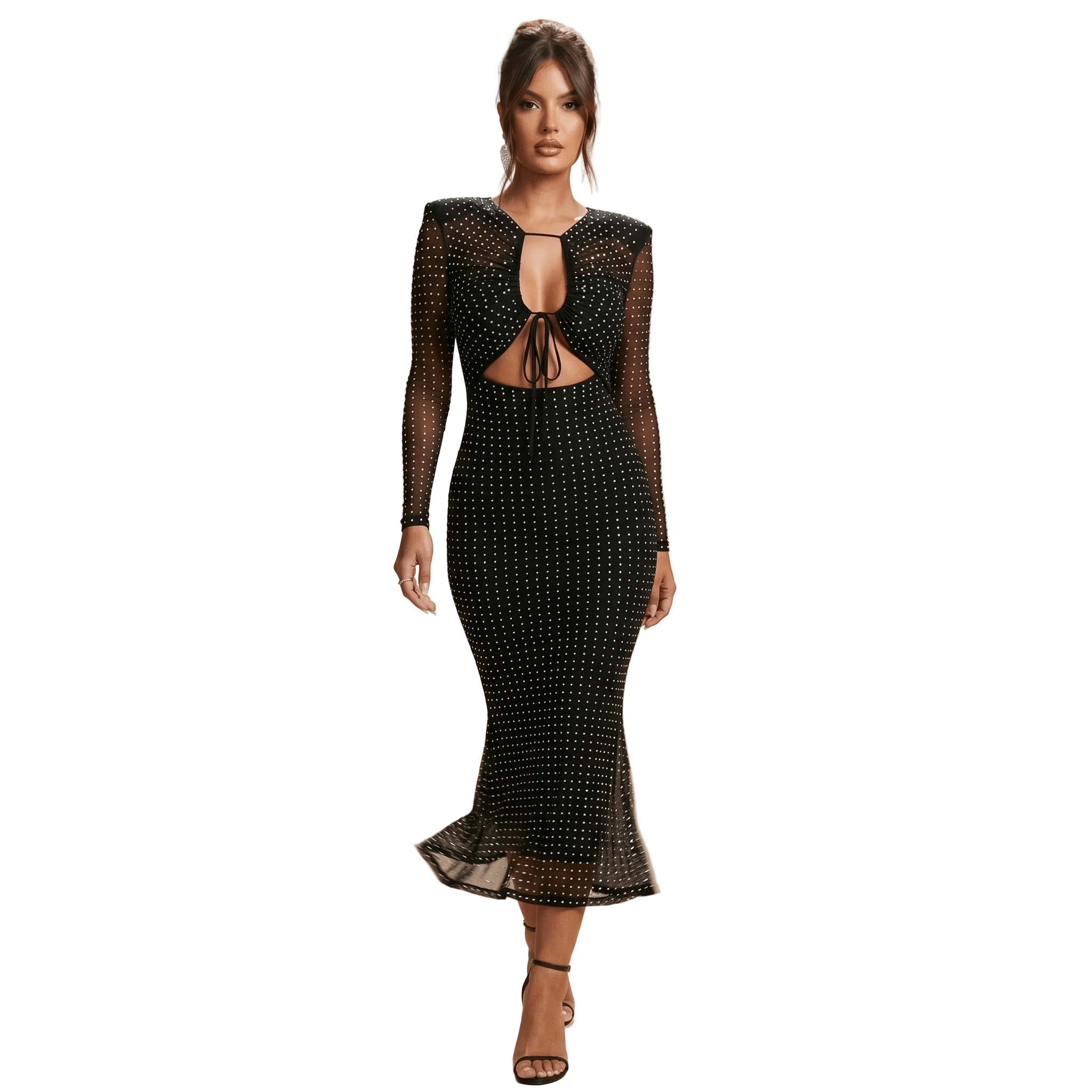 Maxi Dress Women Glitter Long Sleeve Front Cutout Design - Evergreen Outfits- Women Maxi Dress