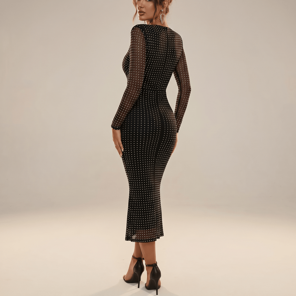 Maxi Dress Women Glitter Long Sleeve Front Cutout Design - Evergreen Outfits- Women Maxi Dress