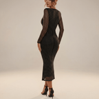 Maxi Dress Women Glitter Long Sleeve Front Cutout Design - Evergreen Outfits- Women Maxi Dress