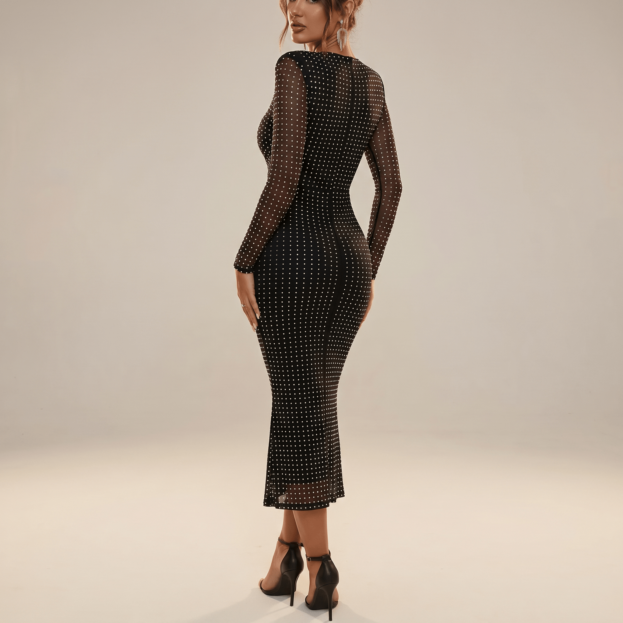 Maxi Dress Women Glitter Long Sleeve Front Cutout Design - Evergreen Outfits- Women Maxi Dress