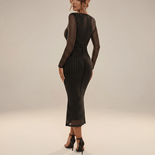 Maxi Dress Women Glitter Long Sleeve Front Cutout Design - Evergreen Outfits- Women Maxi Dress
