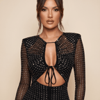 Maxi Dress Women Glitter Long Sleeve Front Cutout Design - Evergreen Outfits- Women Maxi Dress
