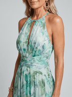 Maxi Dress Women Halter Neck Pleated Keyhole Sleeveless - Evergreen Outfits- Women Maxi Dress