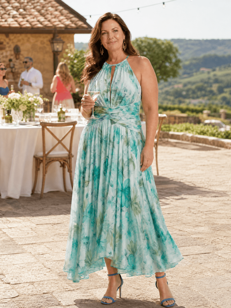 Maxi Dress Women Halter Neck Pleated Keyhole Sleeveless - Evergreen Outfits- Women Maxi Dress