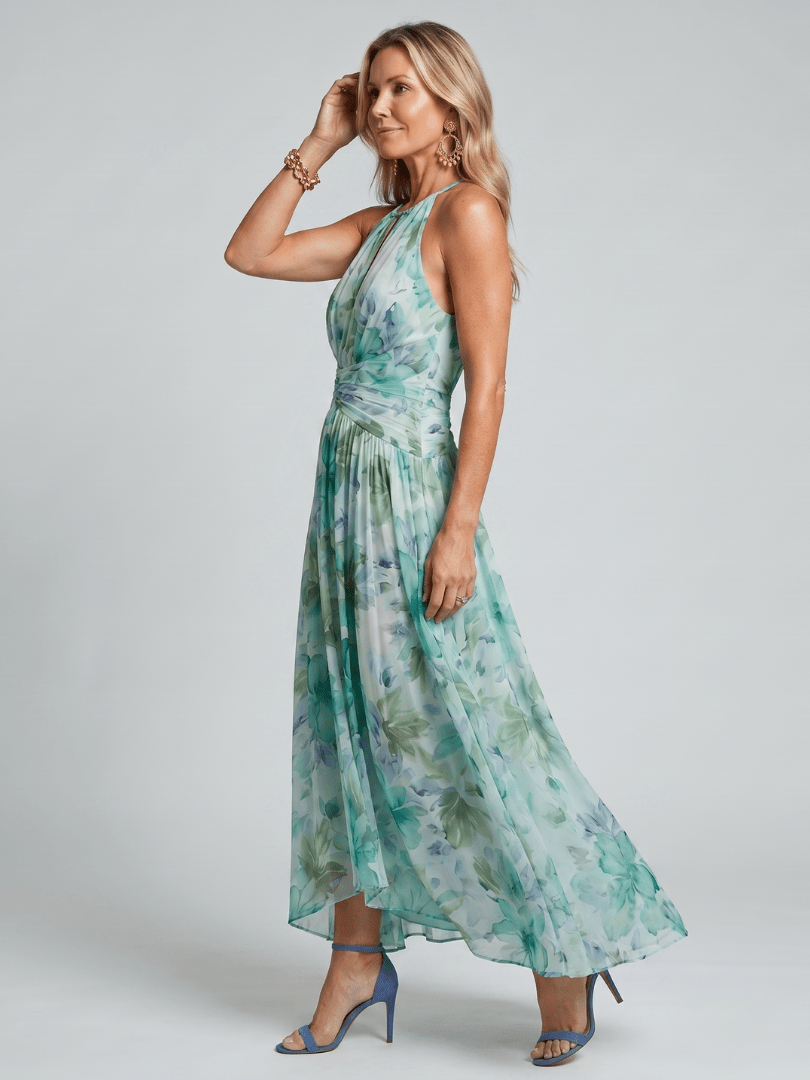 Maxi Dress Women Halter Neck Pleated Keyhole Sleeveless - Evergreen Outfits- Women Maxi Dress