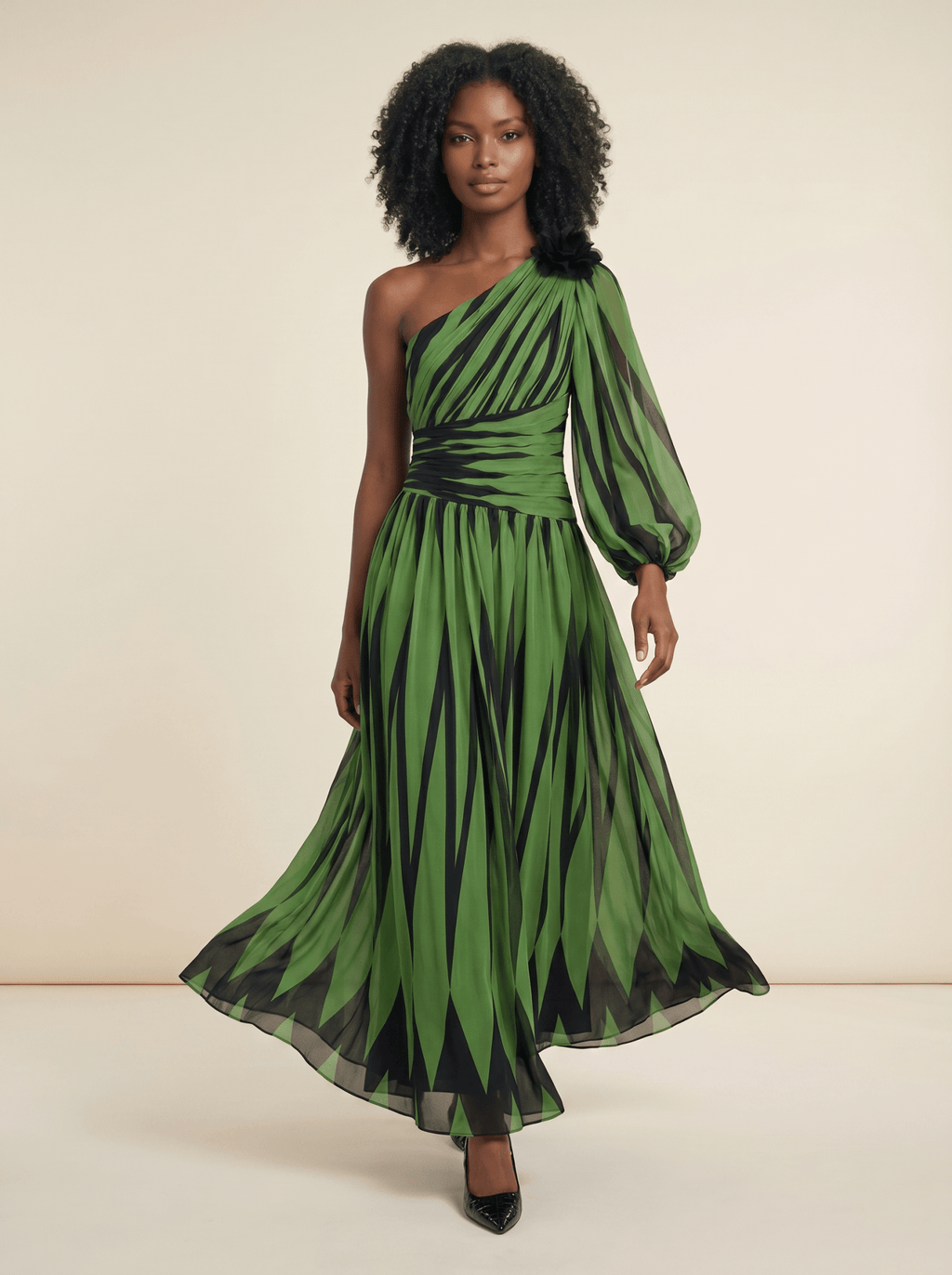 Maxi Dress Women One Shoulder Printed Long Sleeve Design - Evergreen Outfits- Women Maxi Dress