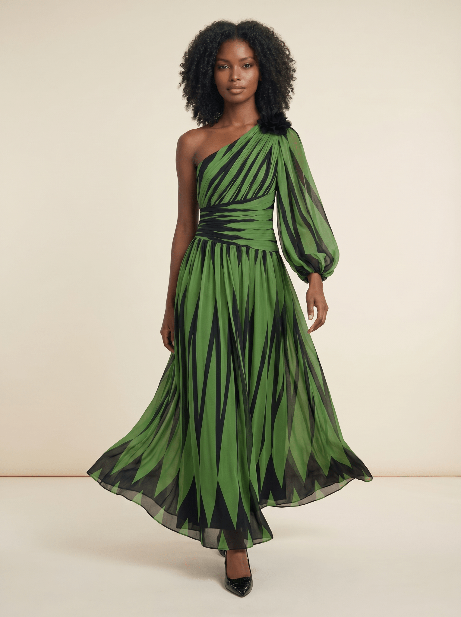Maxi Dress Women One Shoulder Printed Long Sleeve Design - Evergreen Outfits- Women Maxi Dress