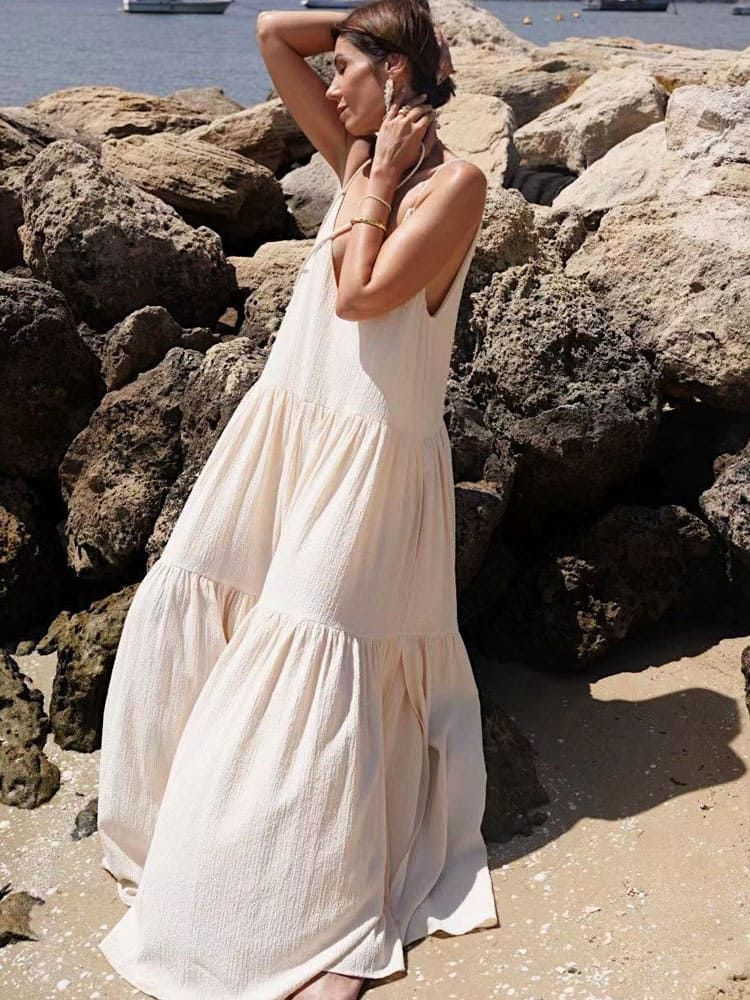 Maxi Dress Women Relaxed Fit Pleated Adjustable Straps - Evergreen Outfits - Women Maxi Dress