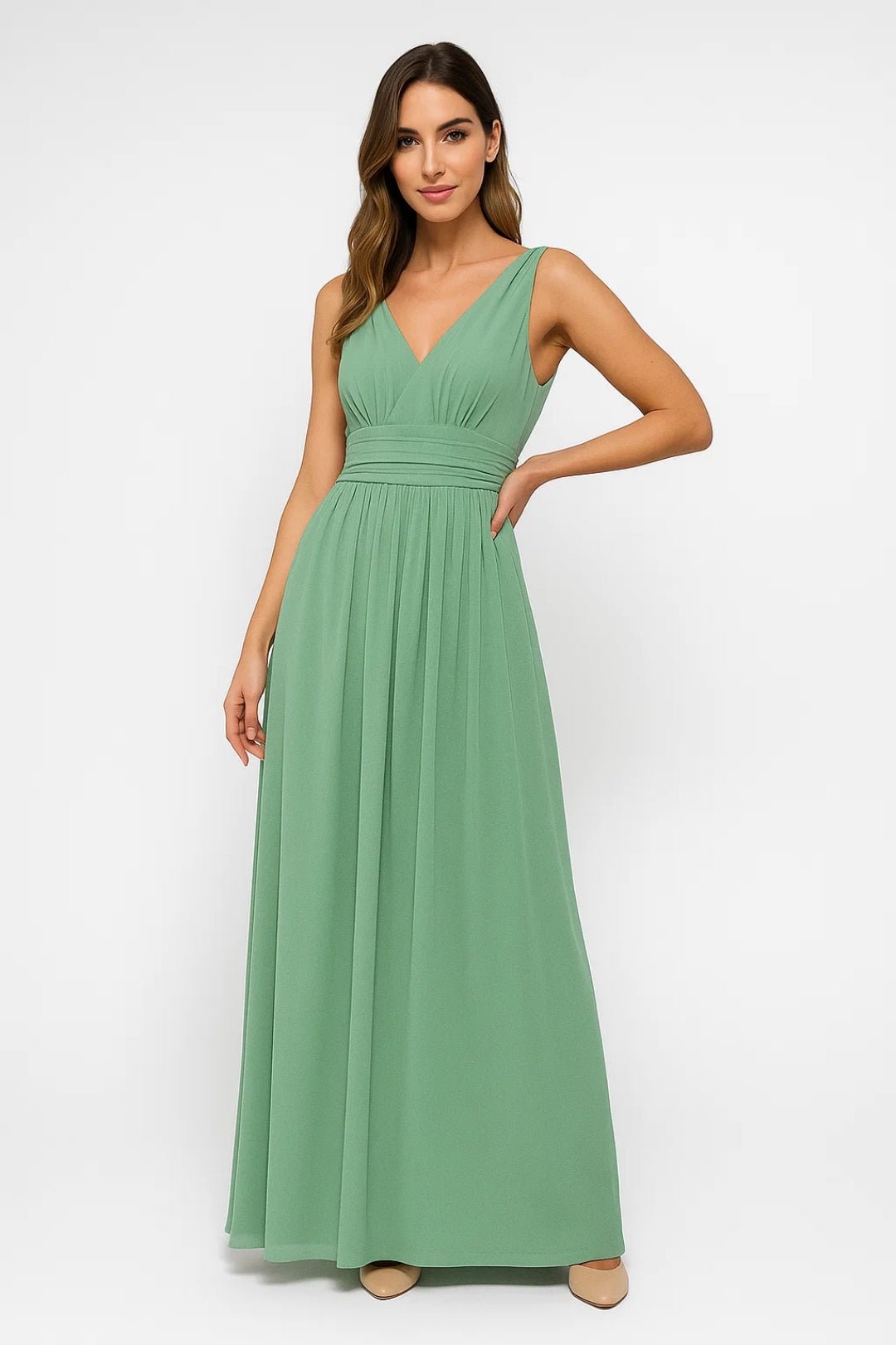 Maxi Dress Women Sleeveless V-Neck Waist Detail Design - Evergreen Outfits- Women Maxi Dress