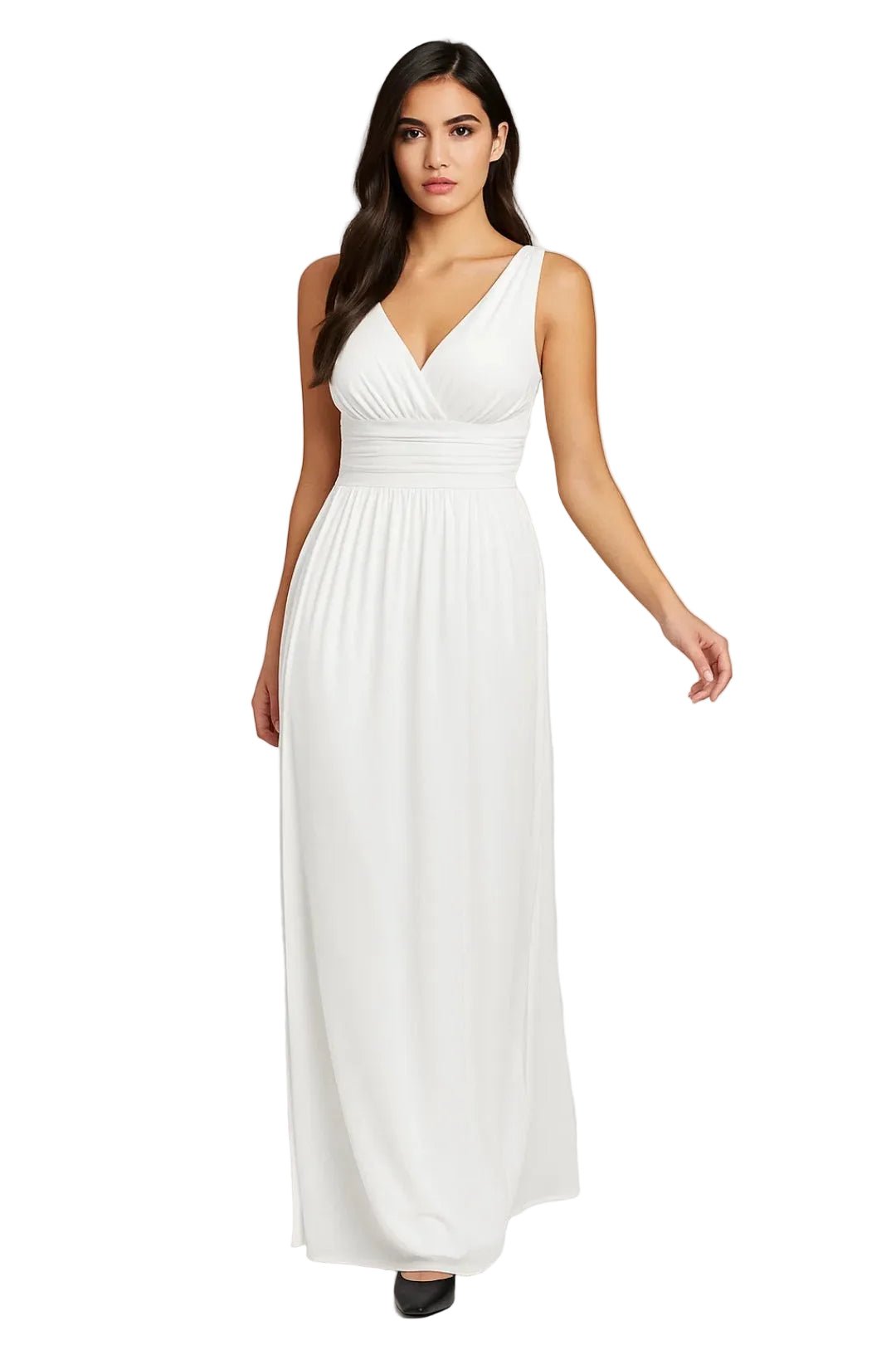 Maxi Dress Women Sleeveless V-Neck Waist Detail Design - Evergreen Outfits- Women Maxi Dress
