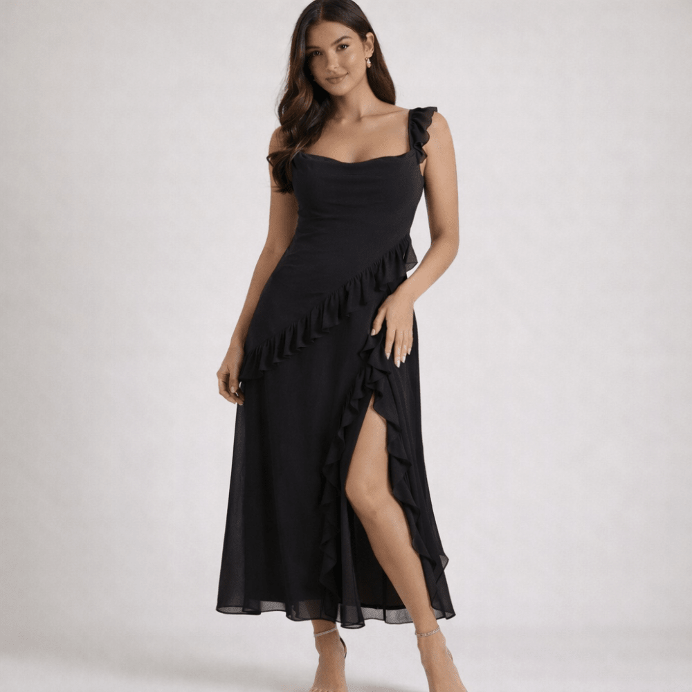 Maxi Dress Women Square Neckline With Ruffle Straps - Evergreen Outfits - Women Maxi Dress