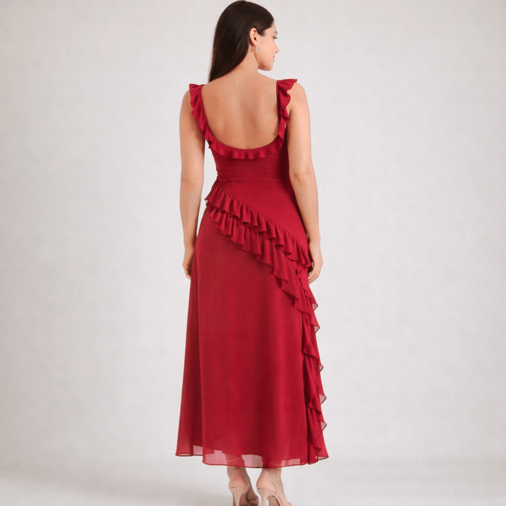 Maxi Dress Women Square Neckline With Ruffle Straps - Evergreen Outfits - Women Maxi Dress