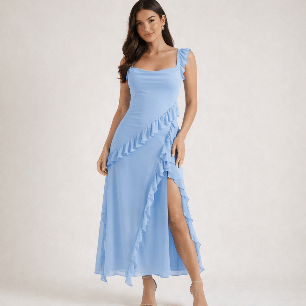 Maxi Dress Women Square Neckline With Ruffle Straps - Evergreen Outfits - Women Maxi Dress
