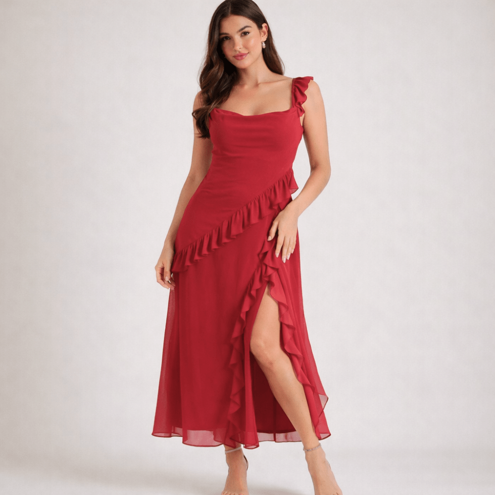 Maxi Dress Women Square Neckline With Ruffle Straps - Evergreen Outfits - Women Maxi Dress