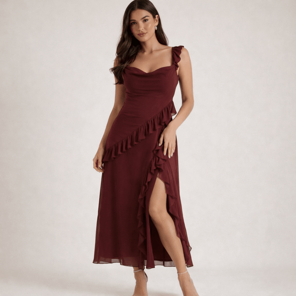 Maxi Dress Women Square Neckline With Ruffle Straps - Evergreen Outfits - Women Maxi Dress