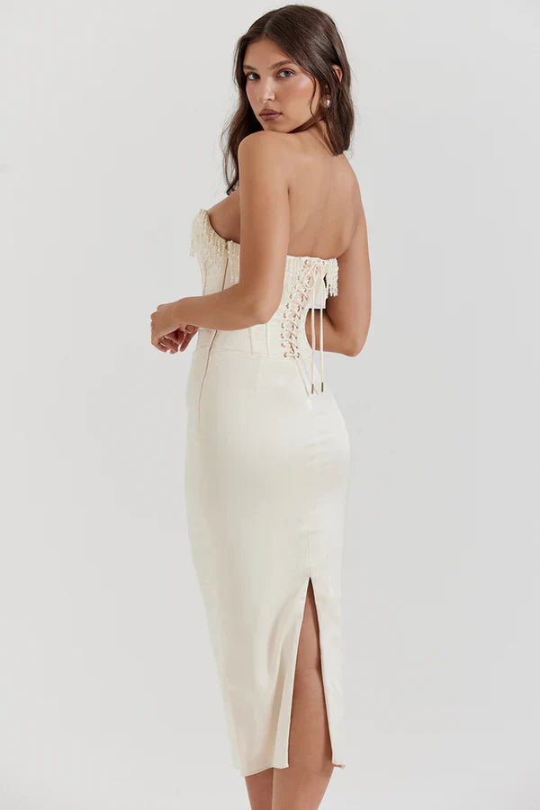 Maxi Dress Women Strapless Neckline Corset Detail - Evergreen Outfits - Women Maxi Dress