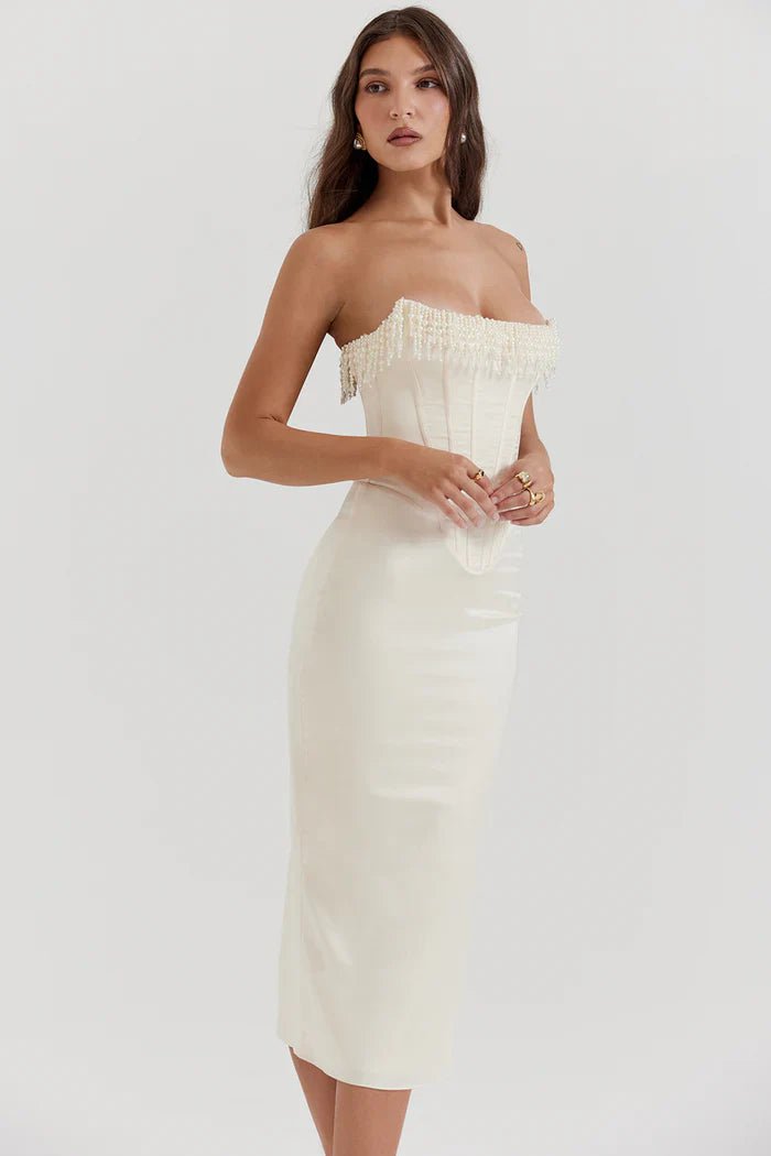 Maxi Dress Women Strapless Neckline Corset Detail - Evergreen Outfits - Women Maxi Dress