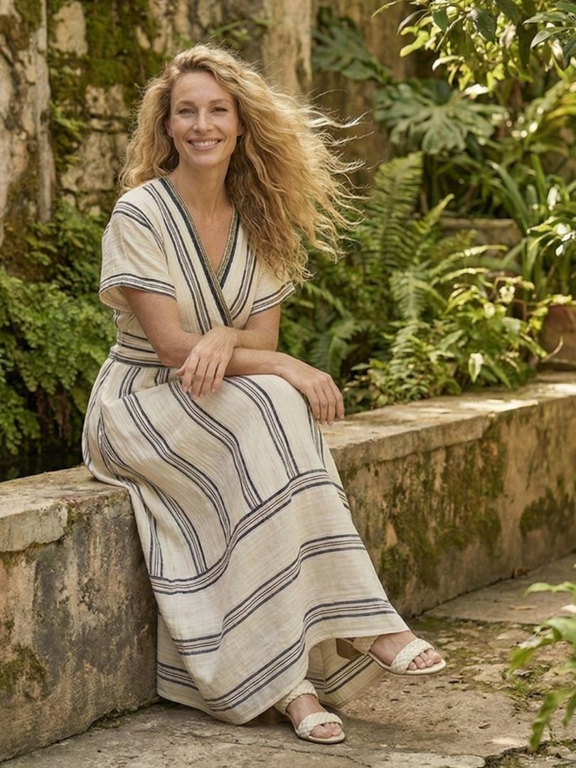 Maxi Wrap Dress Women V-Neck Flutter Sleeve Tie Detail - Evergreen Outfits- Women Maxi Dress