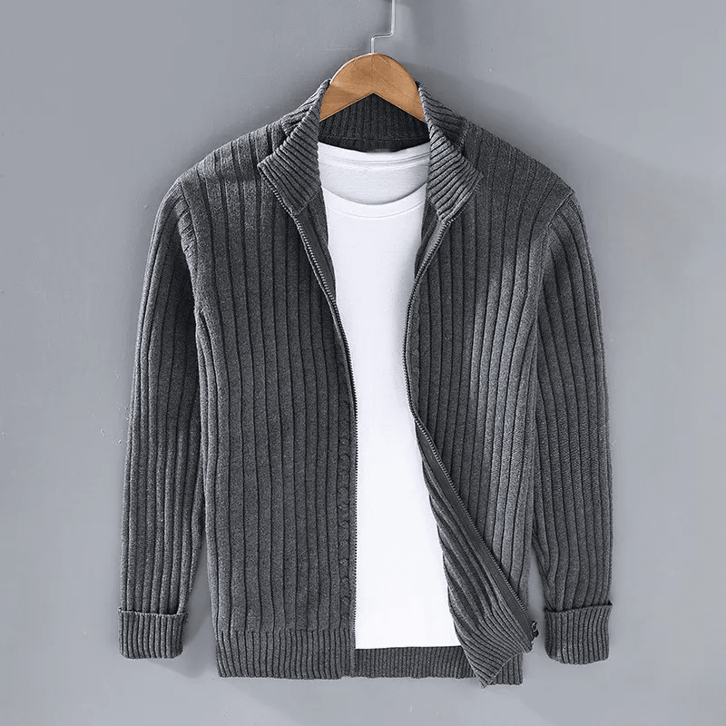 Men Cardigan | Full-Zip Relaxed Fit with Stand Collar - Evergreen Outfits- Cardigans