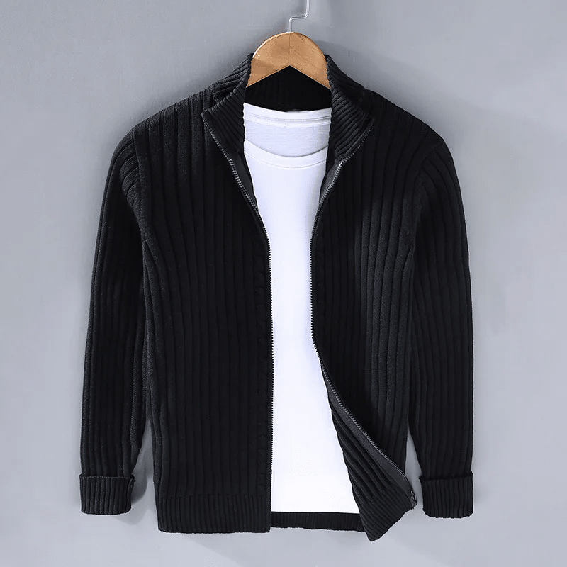 Men Cardigan | Full-Zip Relaxed Fit with Stand Collar - Evergreen Outfits- Cardigans
