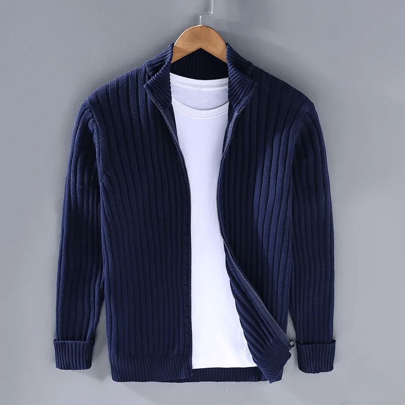 Men Cardigan | Full-Zip Relaxed Fit with Stand Collar - Evergreen Outfits- Cardigans
