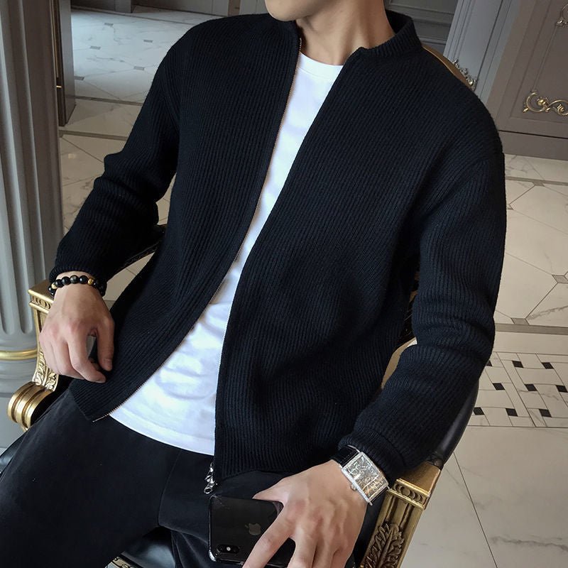 Men Cardigan | Full Zip Ribbed Knit with Stand Collar - Evergreen Outfits- Cardigans
