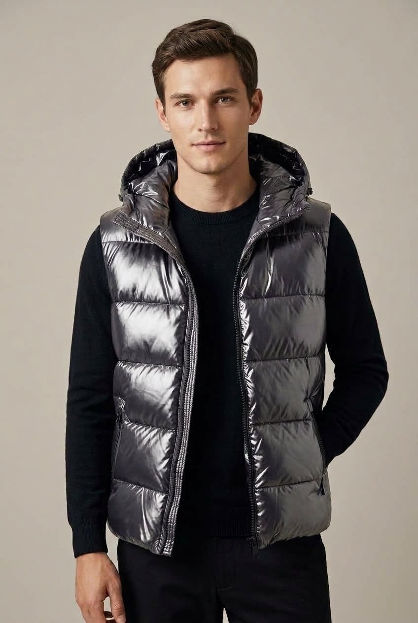 Men Cardigan | Hooded Quilted Vest with Zip Front Closure - Evergreen Outfits- Cardigans