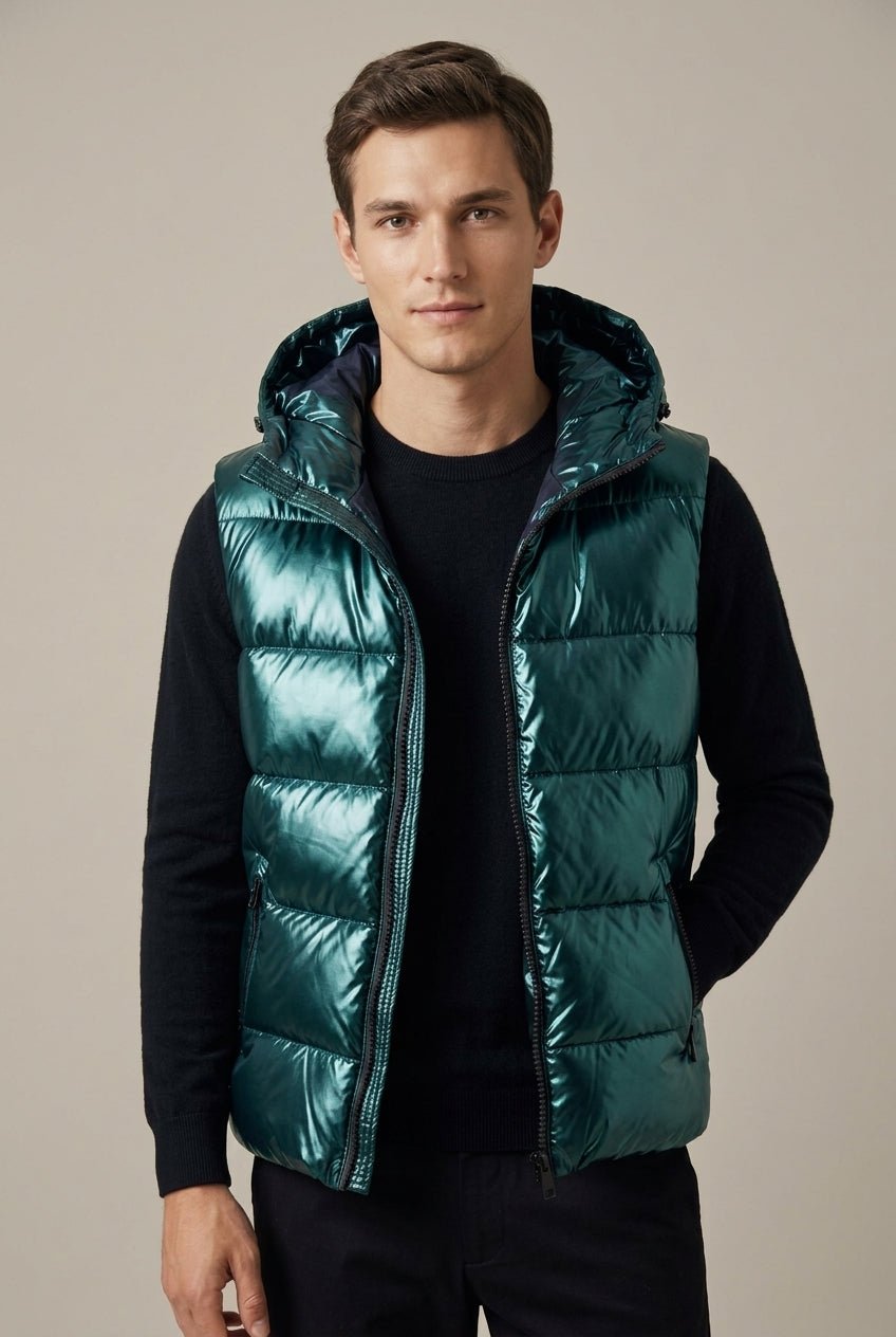 Men Cardigan | Hooded Quilted Vest with Zip Front Closure - Evergreen Outfits- Cardigans
